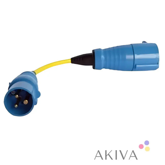 Blue industrial adapter cord 16A with yellow cord connecting plug 16A and CEE coupling 32A