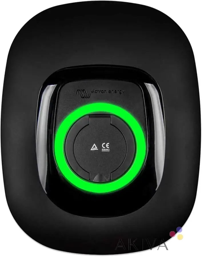 Black charging station front with glowing green ring, ideal for off-grid power solutions