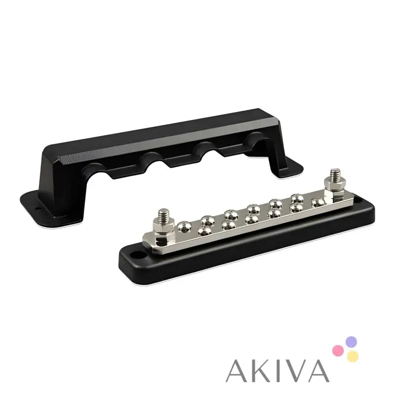 Black plastic Busbar 250A with metal terminals, screws + cover for off-grid power solutions