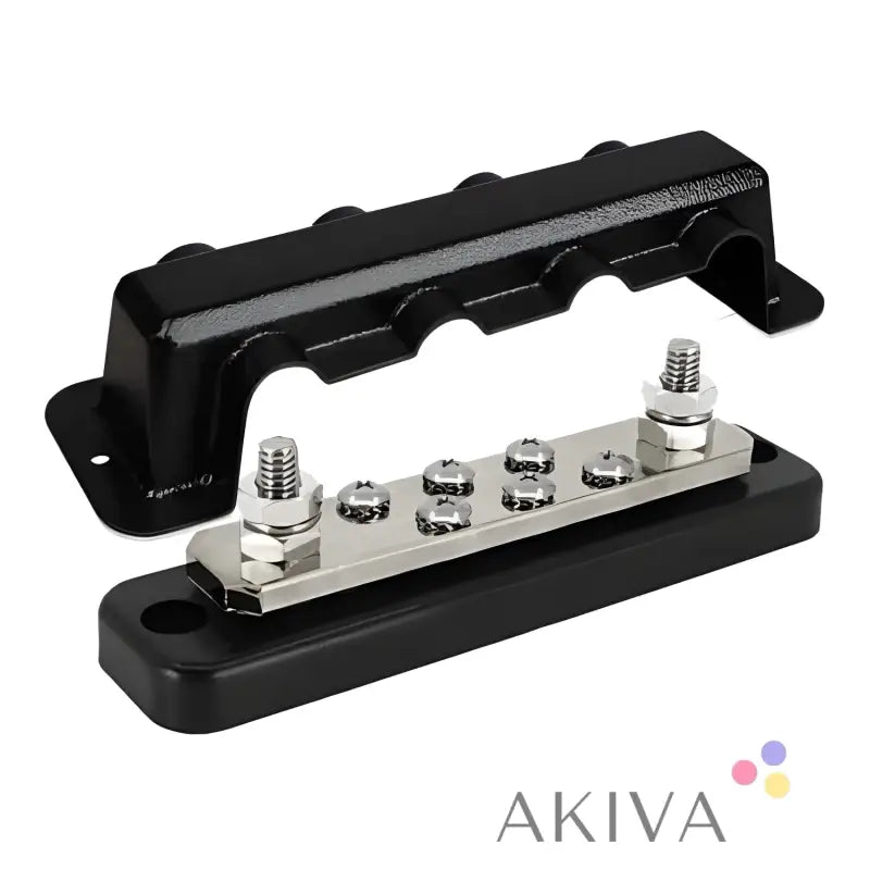 Black plastic terminal block with metal bus bar and mounting screws for Busbar 250A