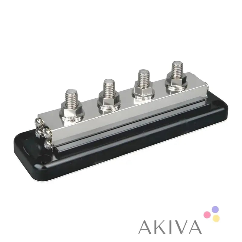 Metal busbar 600A 4P with terminal posts on black plastic base for off-grid power solutions