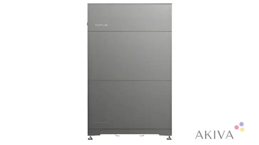 Modern gray filing cabinet with drawers beside ECOFLOW PowerOcean Hybrid Inverter 3.68KW