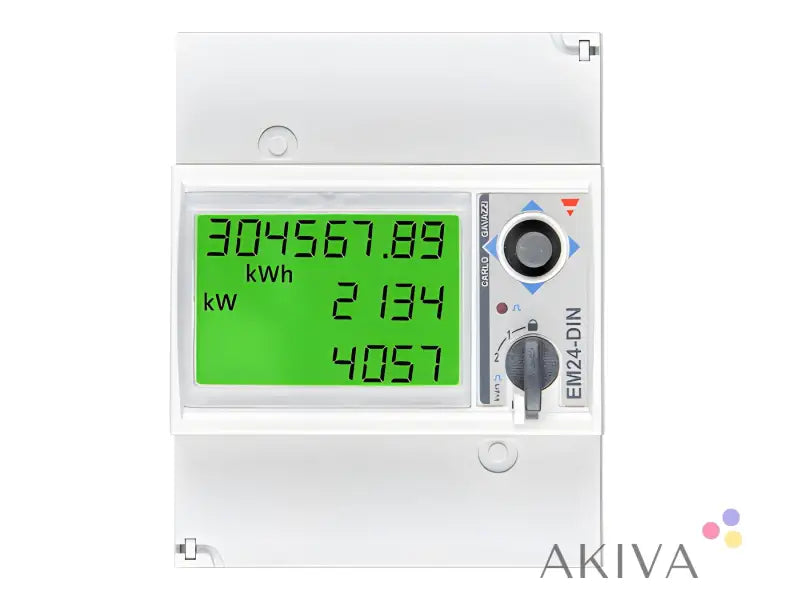 Digital Energy Meter EM24 with green LCD display showing max 65A/phase readings