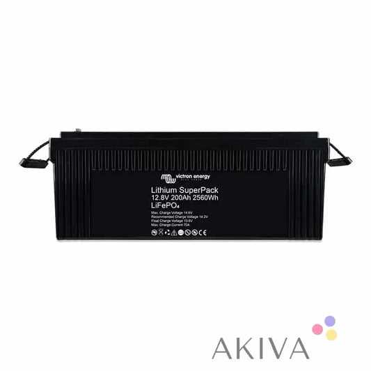 Black rectangular Lithium SuperPack 12,8V/200Ah with side handles for off-grid power solutions