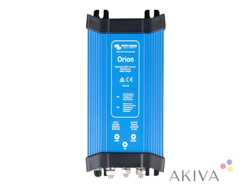 Blue Victron Energy Orion 24-20 DC-DC converter IP20 with black end caps displayed