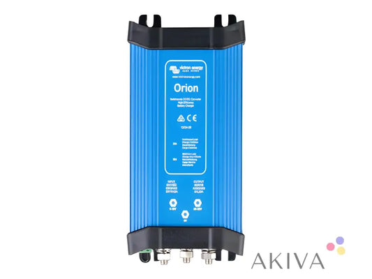 Blue Victron Energy Orion 24-20 DC-DC converter IP20 with black end caps displayed