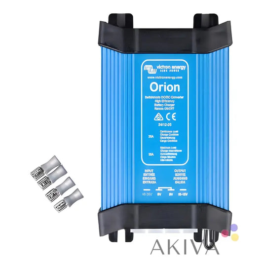 Blue Orion 12-25A DC-DC converter IP20 with black end caps and mounting accessories