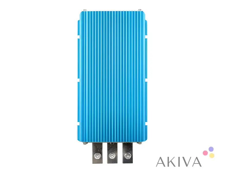 Blue ribbed electronic component with three terminals for Orion IP67 12-100A off-grid power solutions