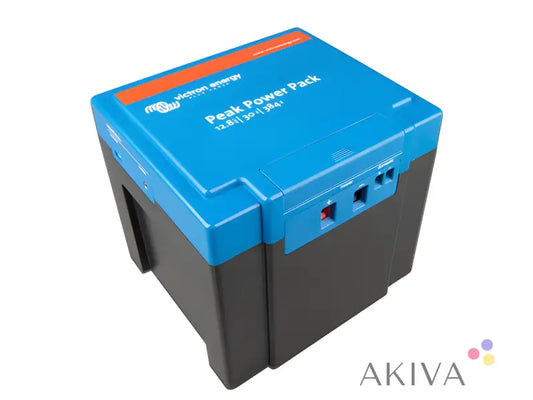 Blue and black Peak Power Pack 12,8V/30Ah with connection ports for versatile energy needs