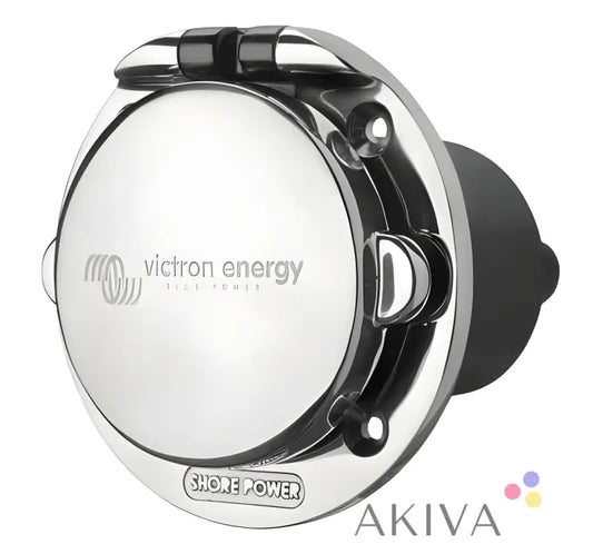 Stainless steel shore power inlet with Victron Energy branding for 16A/250Vac cover