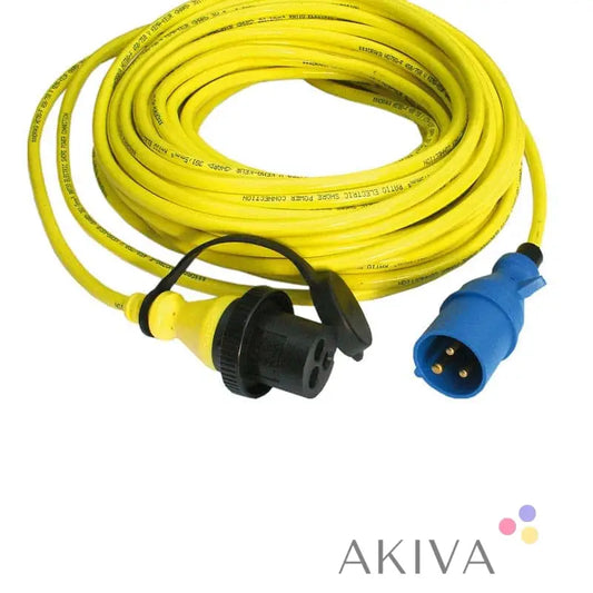 Yellow shore power cord 15m 16A/250Vac with black and blue connectors at both ends