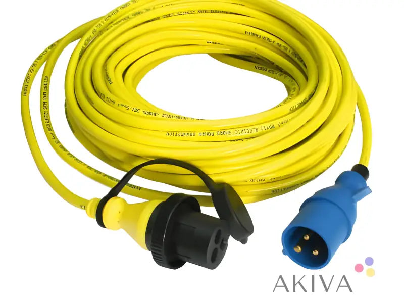 Yellow shore power cord 15m 25A with blue and black connectors for reliable power supply