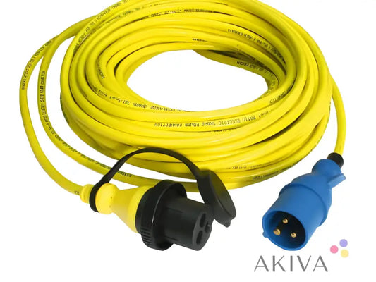 Yellow power extension cord 25m with blue and black connectors for shore power use