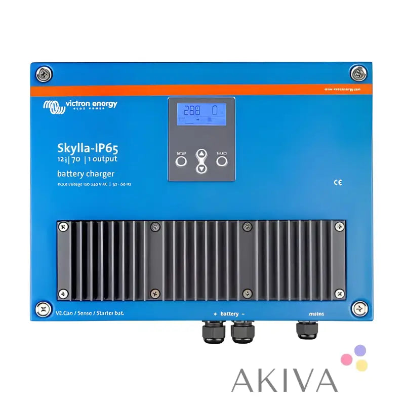 Blue Victron Energy Skylla-IP65 120-240V battery charger with display, ideal for off-grid power solutions