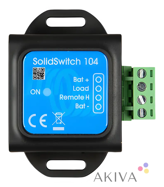 SolidSwitch 104 device with blue interface and green connector for off-grid power solutions