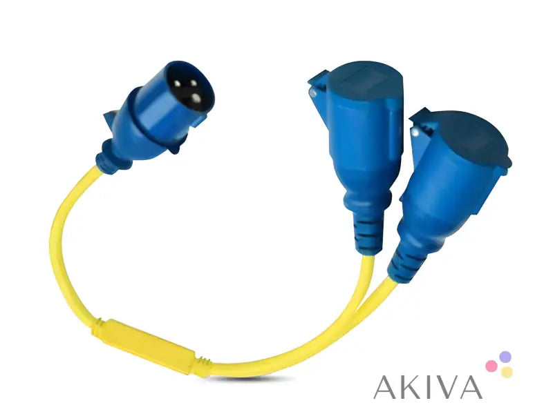 Y-shaped splitter cord 16A with blue connectors and yellow cord for 2xCEE coupling