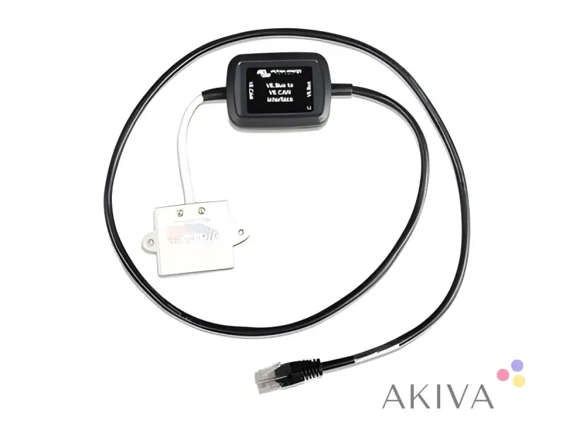 Black VE.Bus to VE.Can interface with cables and mounting bracket for off-grid power solutions